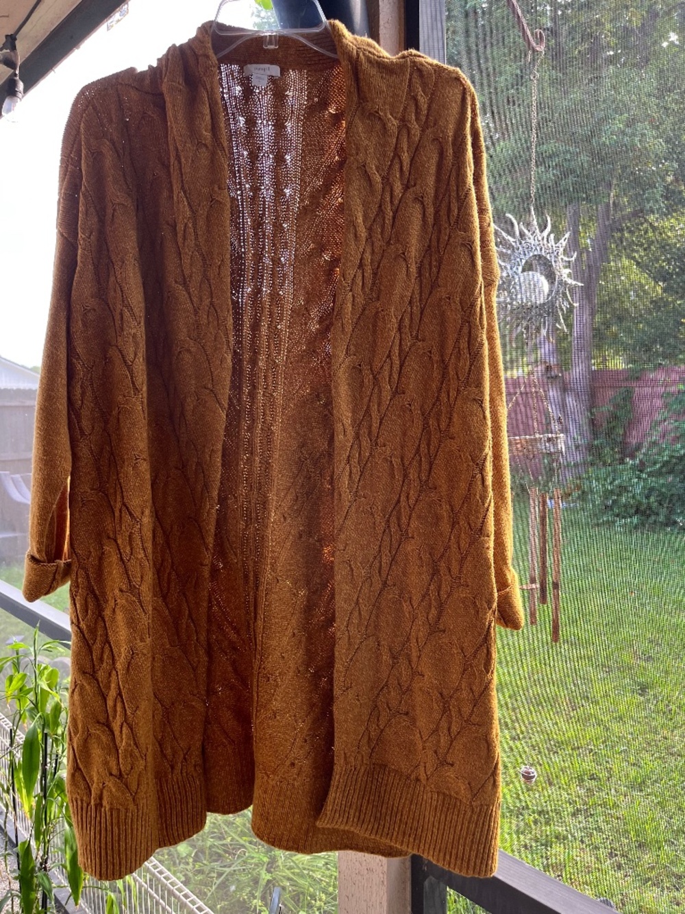 J. Jill mustard gold, cotton, open-front cable-knit long cardigan size L tall